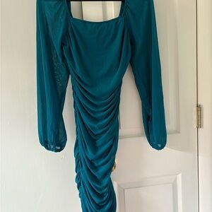 Amazon Blue Bodycon Dress with Bishop Sleeves and Square Neck